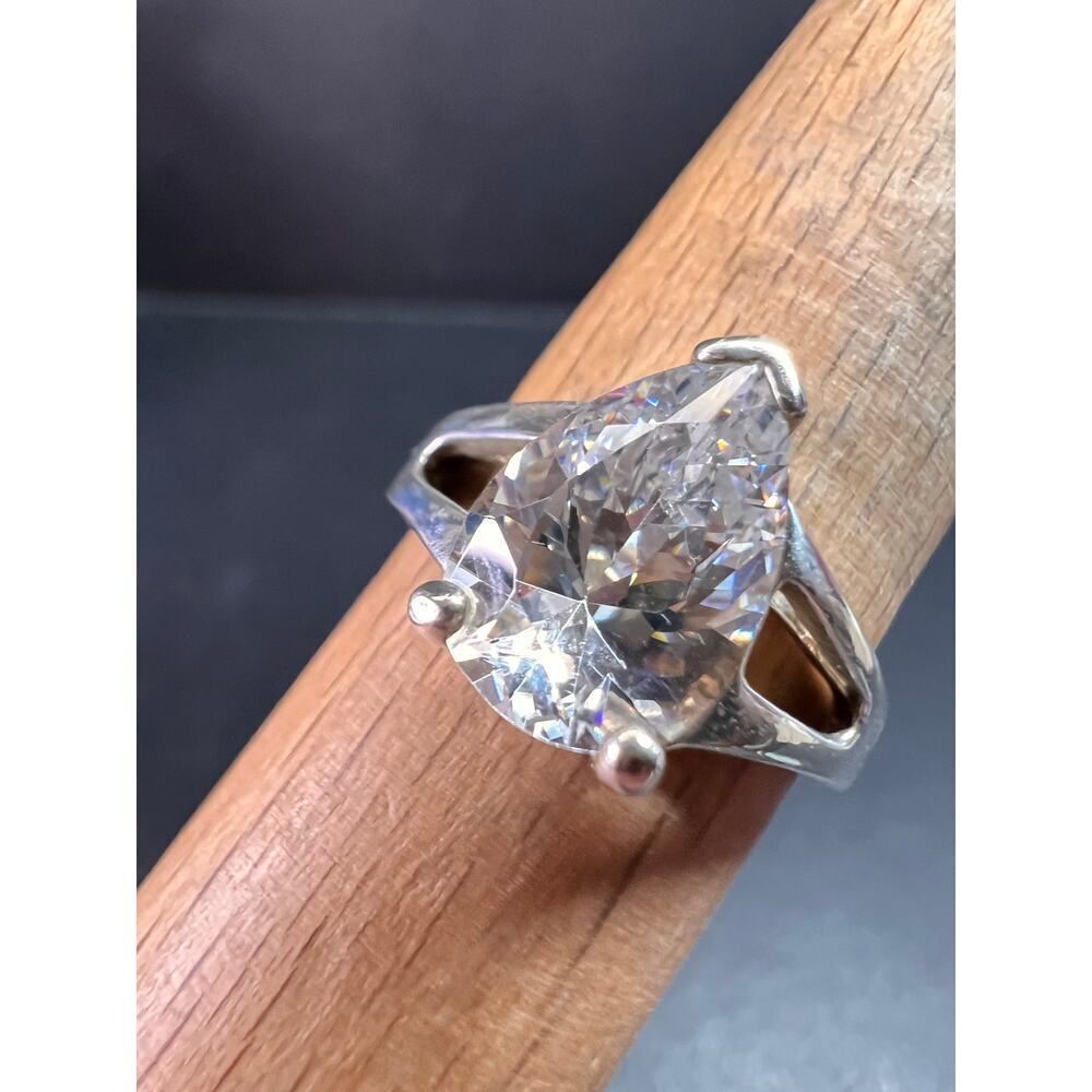 Vintage CZ Pear Solitaire in Sterling Silver, Open Gallery Split Shank, Size 9